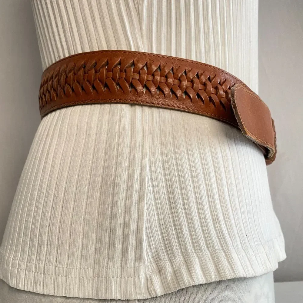 💎Lands End 506 Unisex Belt 32 Waist Woven Center Copper Brown Leather
